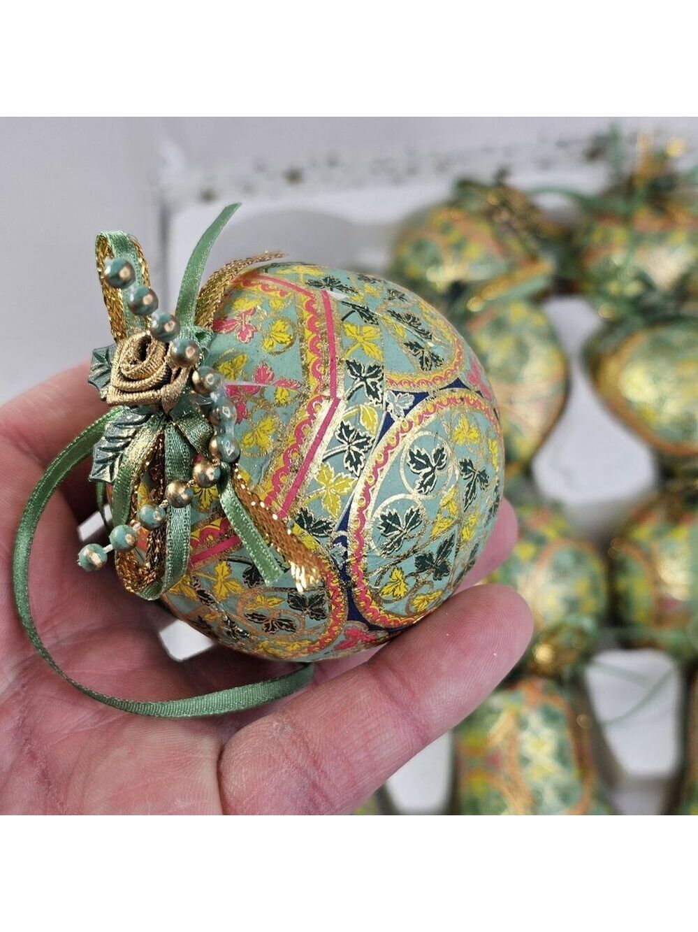 Christmas Ornament Set Paper Mache Bell, Round, And Hearts 12pcs Gold Green Etc - Picture 6 of 9